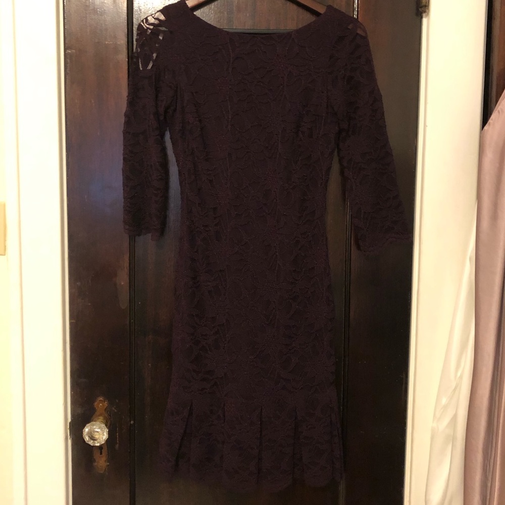 Purple Calvin Klein Lace Dress w/ Pleats, Sleeves.